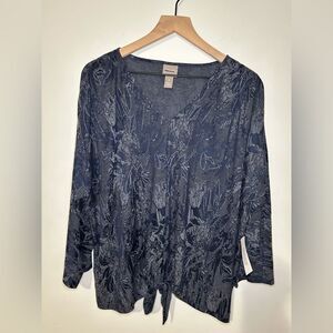 Chico’s V Neck 3/4 Sleeve Top SZ 4 Tie Front Pullover Color Midnight
